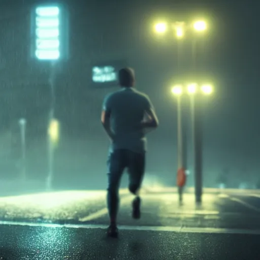 Image similar to dark rainy night, lights, clock chases a guy, running, rain on screen, realistic, cinematic, raytracing, time, intense detail, artstation