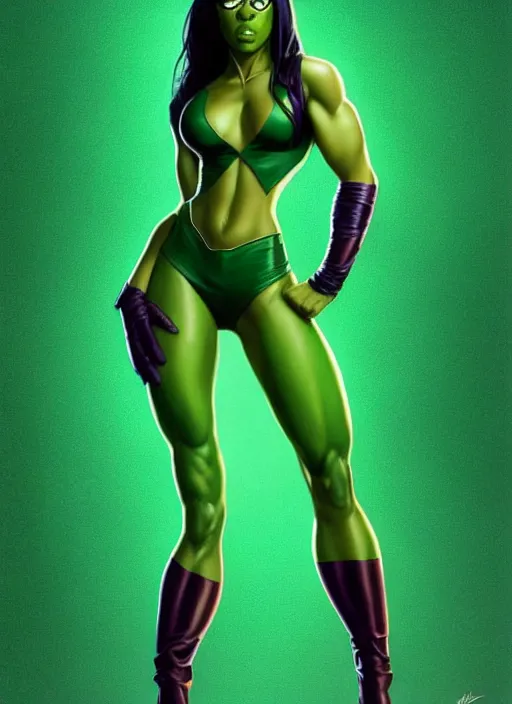 Image similar to full body portrait of marvel cinematic universe aaliyah haughton, she hulk, elegant, green skin, super hero, highly detailed!! digital painting, artstation, glamor pose, concept art, sharp focus, illustration, art by artgerm and greg rutkowski, artey freytag