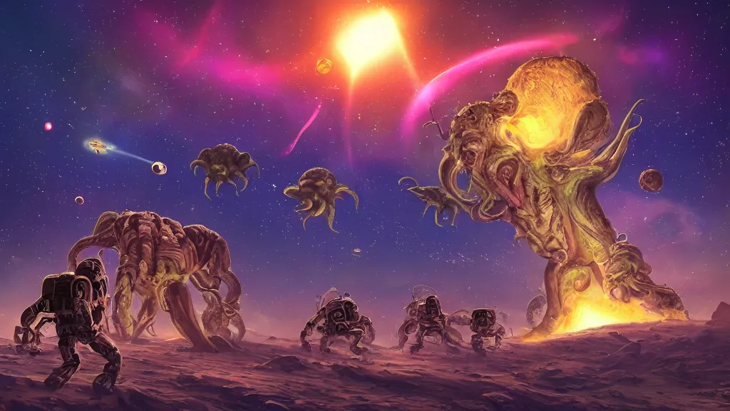 Prompt: Astronauts have a treasure with them, they are shooting big plasma guns against the giant Cthulhu that is hunting them, they have large blades too, they are over the ring of the gas planet, this is an extravagant planet with wacky wildlife and some mythical animals, the background is full of nebulas and planets, the ambient is vivid and colorful with a terrifying atmosphere, by Jordan Grimmer digital art, trending on Artstation,