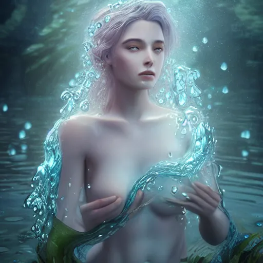 Image similar to ultra realistic 3 d render of a gorgeous goddess made of water and blooming flowers rising out of the water dripping by charlie bowater and farid ghanbari, beautiful, bioluminescent, ethereal, waterfall, intricate, elegant