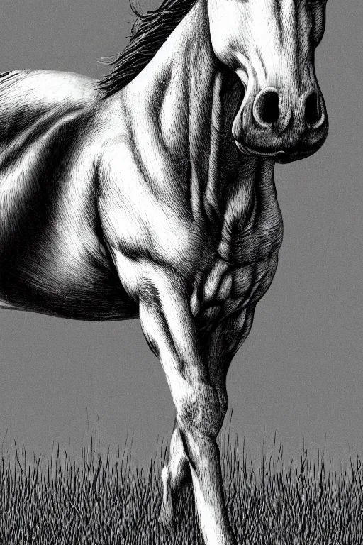 Image similar to horse in a field, symmetrical, highly detailed, digital art, sharp focus, trending on art station, kentaro miura manga art style