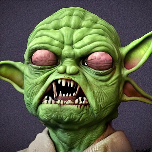 Image similar to zombie yoda, yoda as a zombie, zombified, scary, hyperrealistic, digital render, octane, artstation