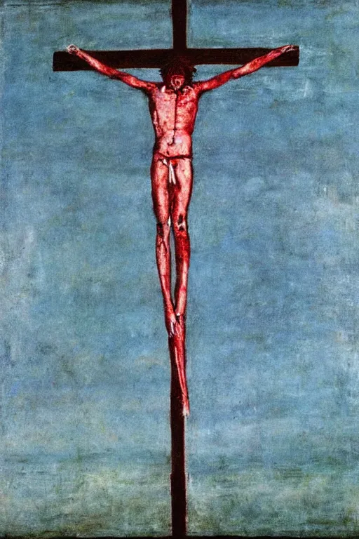 Image similar to bloody christ crucified and huge ufo of light in the sky painted by cy twombly and andy warhol