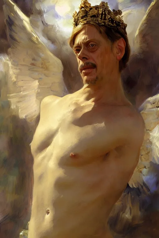 Image similar to beautiful detailed expressive impressionistic oil painting portrait of ancient roman god emperor steve buscemi levitating in angelic pose wearing the civic crown, art by anders zorn, wonderful masterpiece by greg rutkowski, expressive brush strokes, beautiful cinematic light, american romanticism by greg manchess, jessica rossier