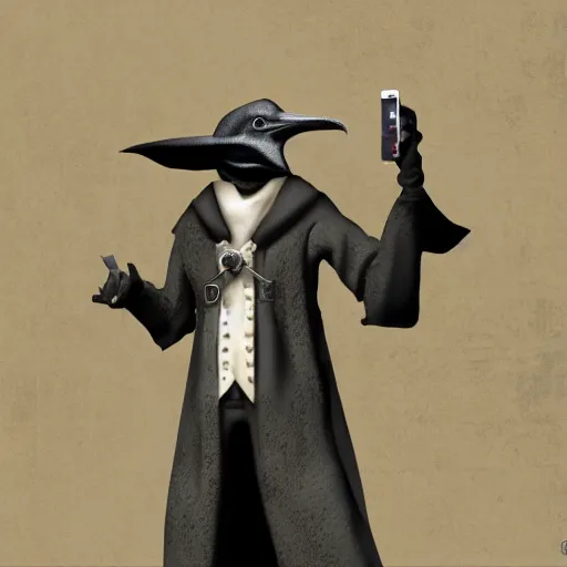 Image similar to plague doctor!!!! with a iphone in hand, 4 k, 8 k, photorealistic imagery