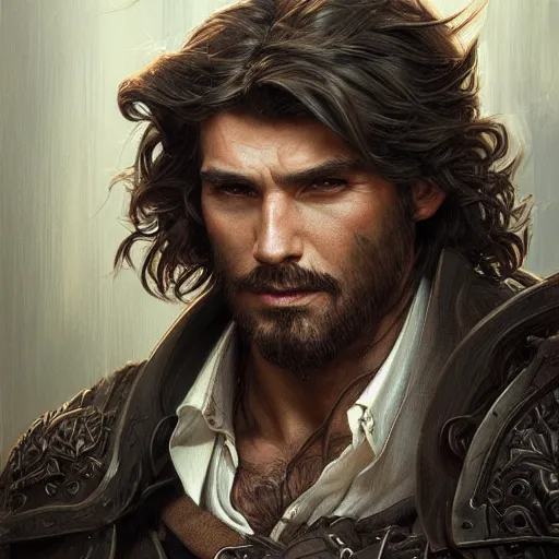 Image similar to portrait of a young, ruggedly handsome ranger, muscular, half body, leather, hairy, d & d, fantasy, intricate, elegant, highly detailed, digital painting, artstation, concept art, smooth, sharp focus, illustration, art by artgerm and greg rutkowski and alphonse mucha