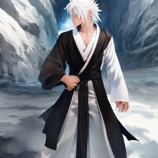 Prompt: white haired parted down the middle, wearing white hakama anime man with black colored eyes, full body portrait made by Stanley Artgerm, WLOP, Rossdraws, James Jean Andrei Riabovitchev, Marc Simonetti, Yoshitaka Amano, Artstation