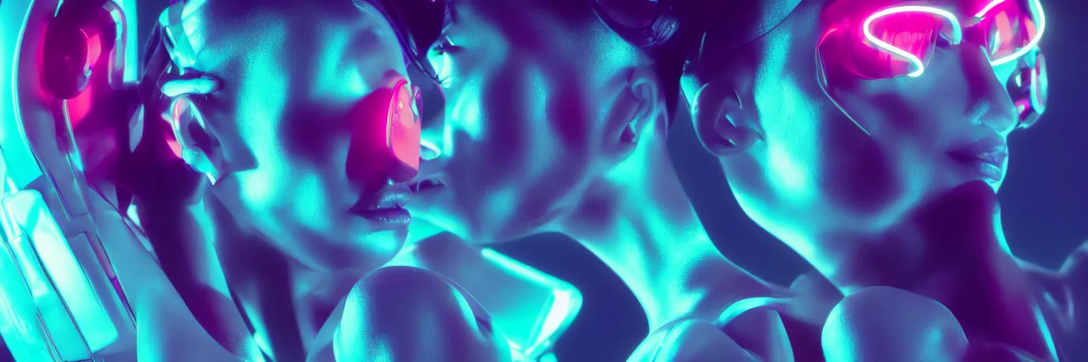 Prompt: 2 0 0 mm lens photography of a few female humanoid cropped tight portrait, cyberpunk high fashion, elegant profile pose, cyber neon lighting, retro futurism, retro futuristic glossy latex bikini, bokeh background, profile posing, hyper photorealistic, crispy quality, digital photography, art by pascal blanche, art by artgerm, art by greg rutkowski,