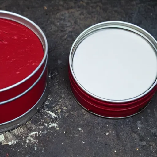 Prompt: a open tin of red paint advertising screwfix paintbrush