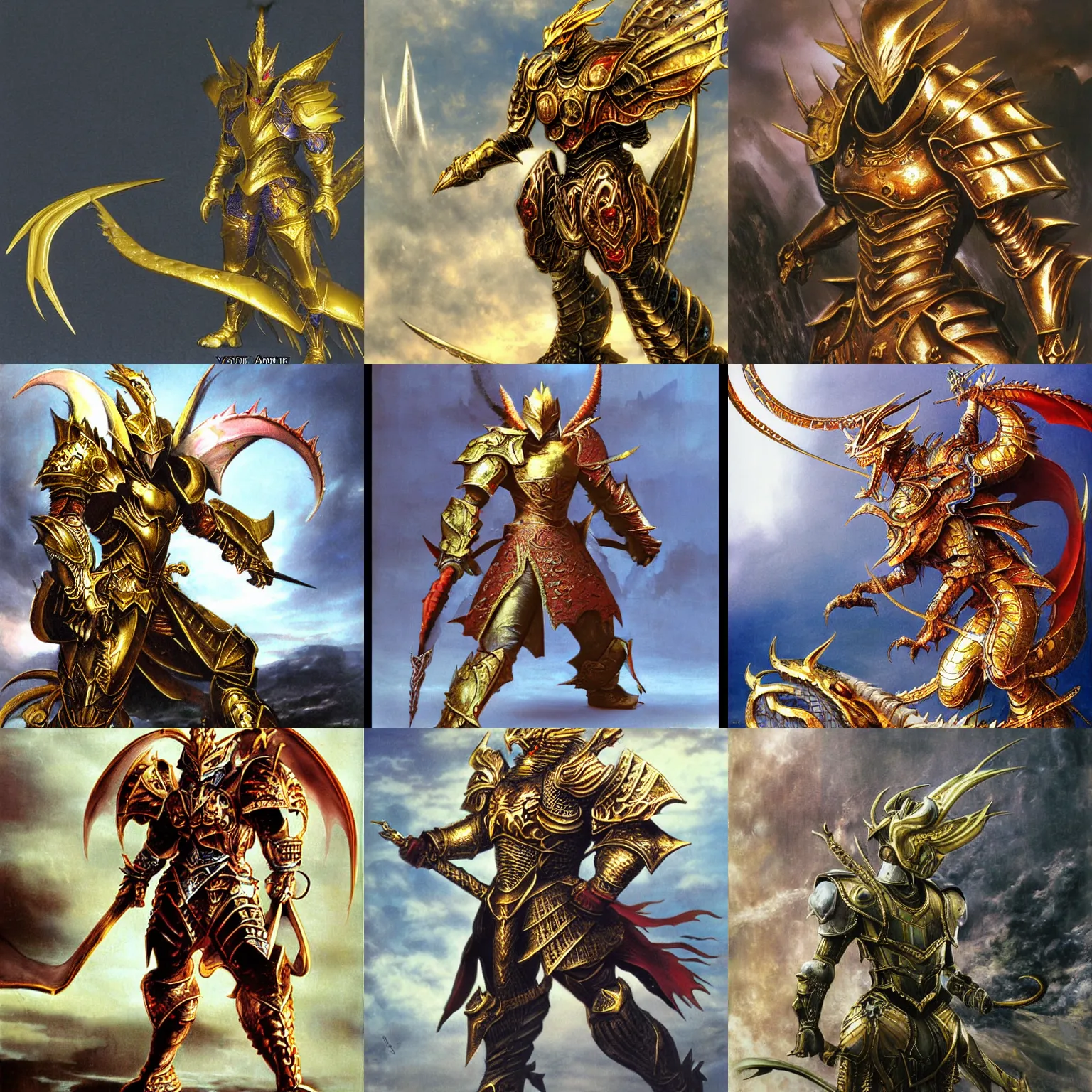 Image similar to golden dragon born fighter wearing plate armor, matte painting, painted by yoshitaka amano