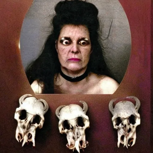 Prompt: the frightening visage of a woman with 3 goat skulls for a face