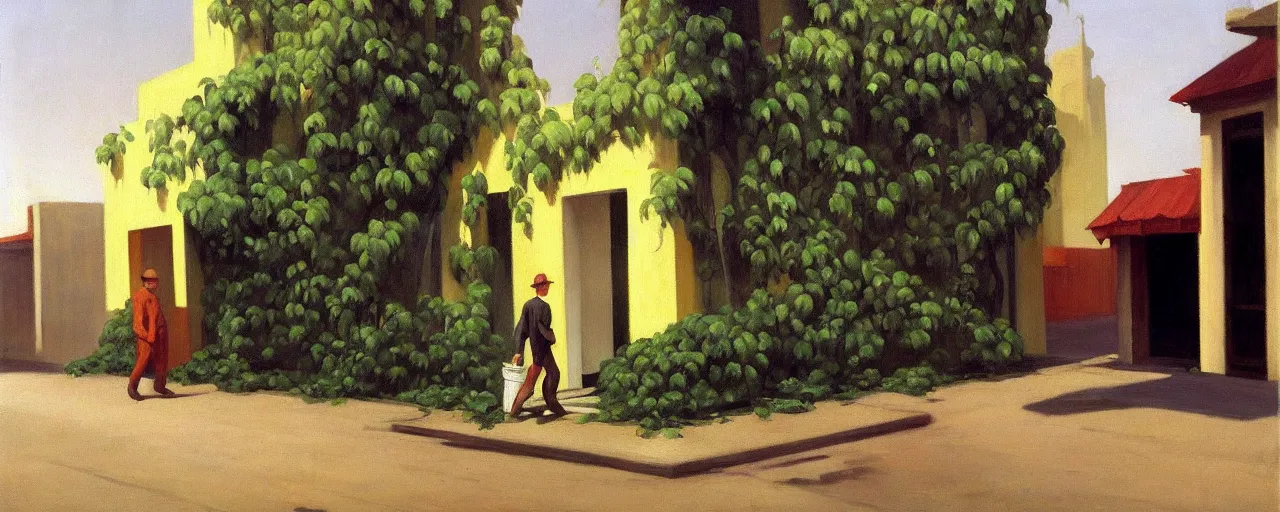 Image similar to oil painting of a man wandering the abandoned streets of city and the buildings are covered in plants and vines, edward hopper.