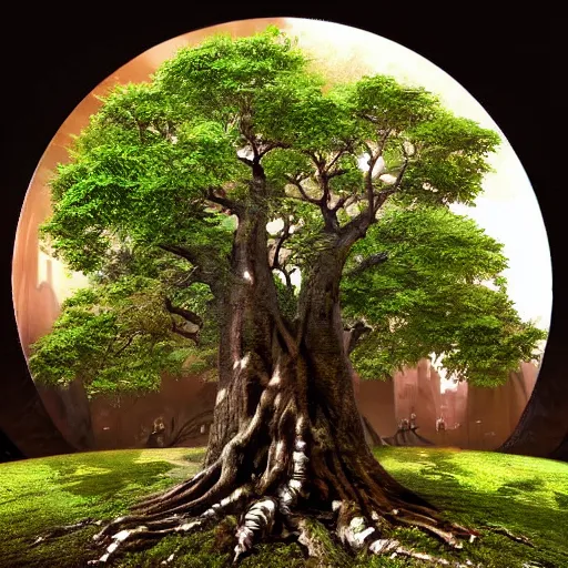 Prompt: a massive tree in the center of the frame with a fantasy medieval town around it. life is based off this tree and revolves around it, high detail, concept art, beautiful