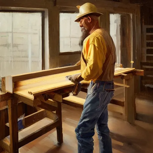 Prompt: greg manchess portrait painting of simple carpenter fine woodworker | building a wooden table in their well organized clean workshop, medium shot, asymmetrical, profile picture, organic painting, sunny day, matte painting, bold shapes, hard edges, street art, trending on artstation, by huang guangjian, gil elvgren, ruan jia, randy vargas, greg rutkowski