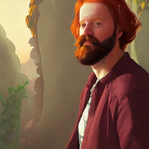 Prompt: A Portrait of Patrik Lindkvist, a bearded red-haired man in his 30's, living in Mönsterås and Los Angeles. Detailed digital art, portrait, D&D, fantasy, highly detailed, digital painting, artstation, concept art, sharp focus, illustration, art by artgerm and greg rutkowski and alphonse mucha