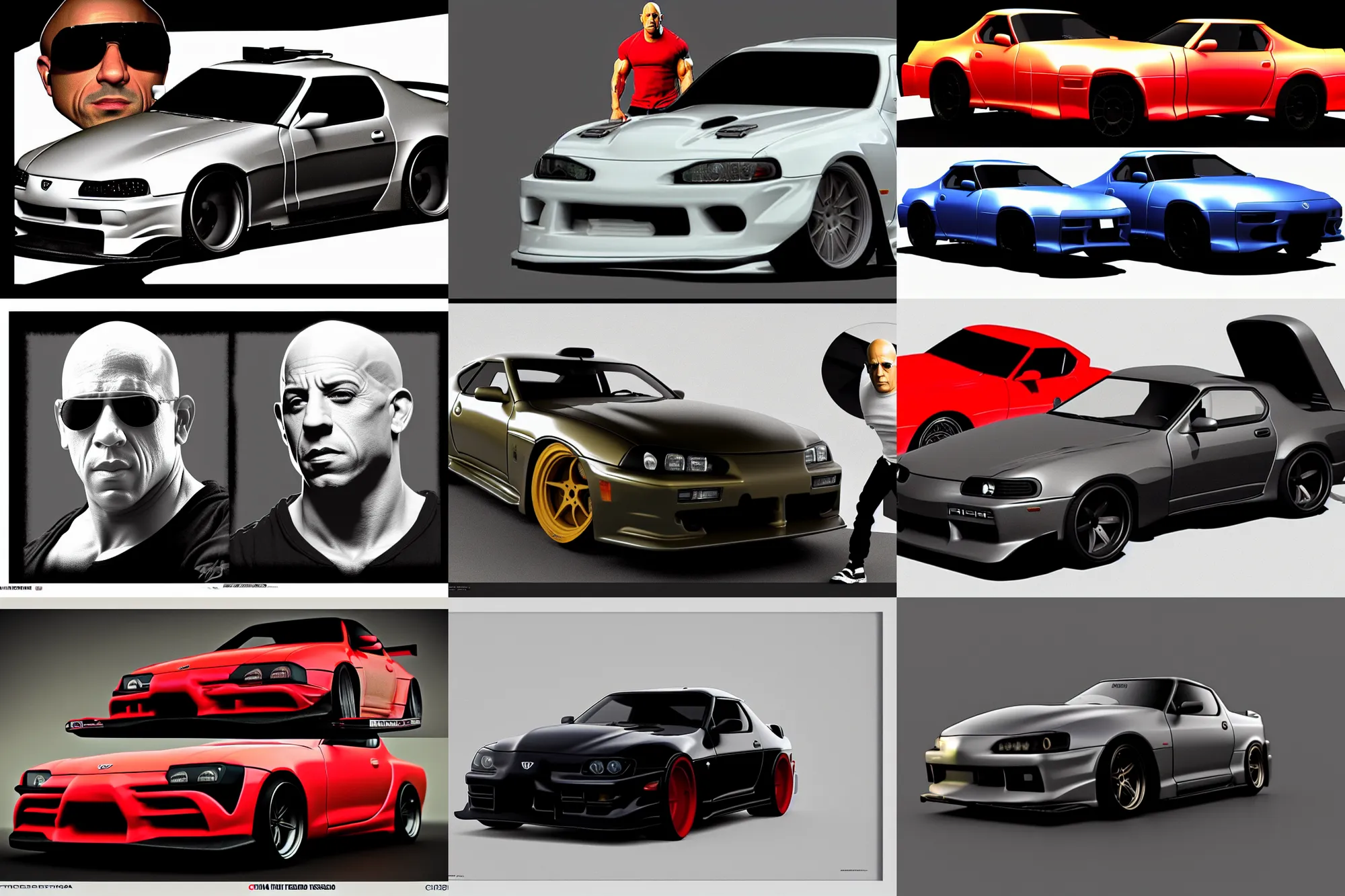 Prompt: a detailed 3d render of Vin Diesel disguised as a Supra, in the style of chris trejo and norman rockwell, ornate, photosynthetic,8k,award winning art, imdb,