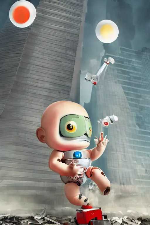 Prompt: evil giant baby with a robo arm and a robo eye in a diaper is taller than office buildings, goes destroying buildings under his feet, art, illustration, 3 d, render