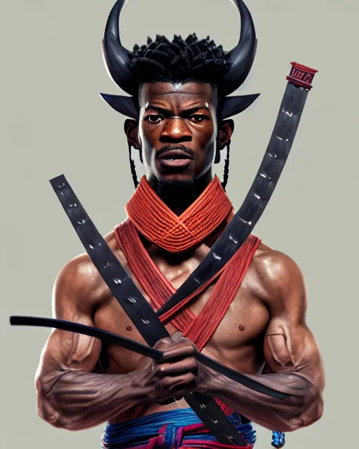 Image similar to face portrait of jimmy butler as a muscular ronin samurai, wearing a haori, by wlop and peter mohrbacher, dramatic action pose, extremely detailed shading, concept art, digital painting, trending on artstation, unreal engine 5, octane render, atmosphere, glow, cinematic lighting, full of color