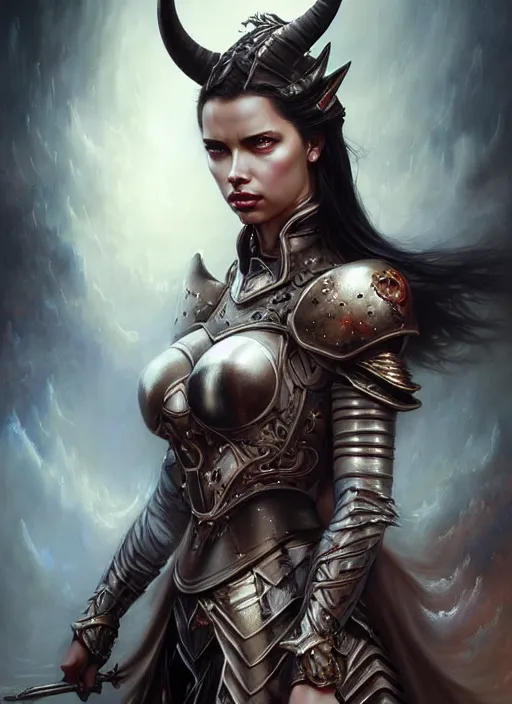 Image similar to a beautiful woman with horns and armor, victorian armor, adriana lima, painted by artgerm and tom bagshaw, fantasy art, dramatic lighting, highly detailed oil painting, volumetric lighting