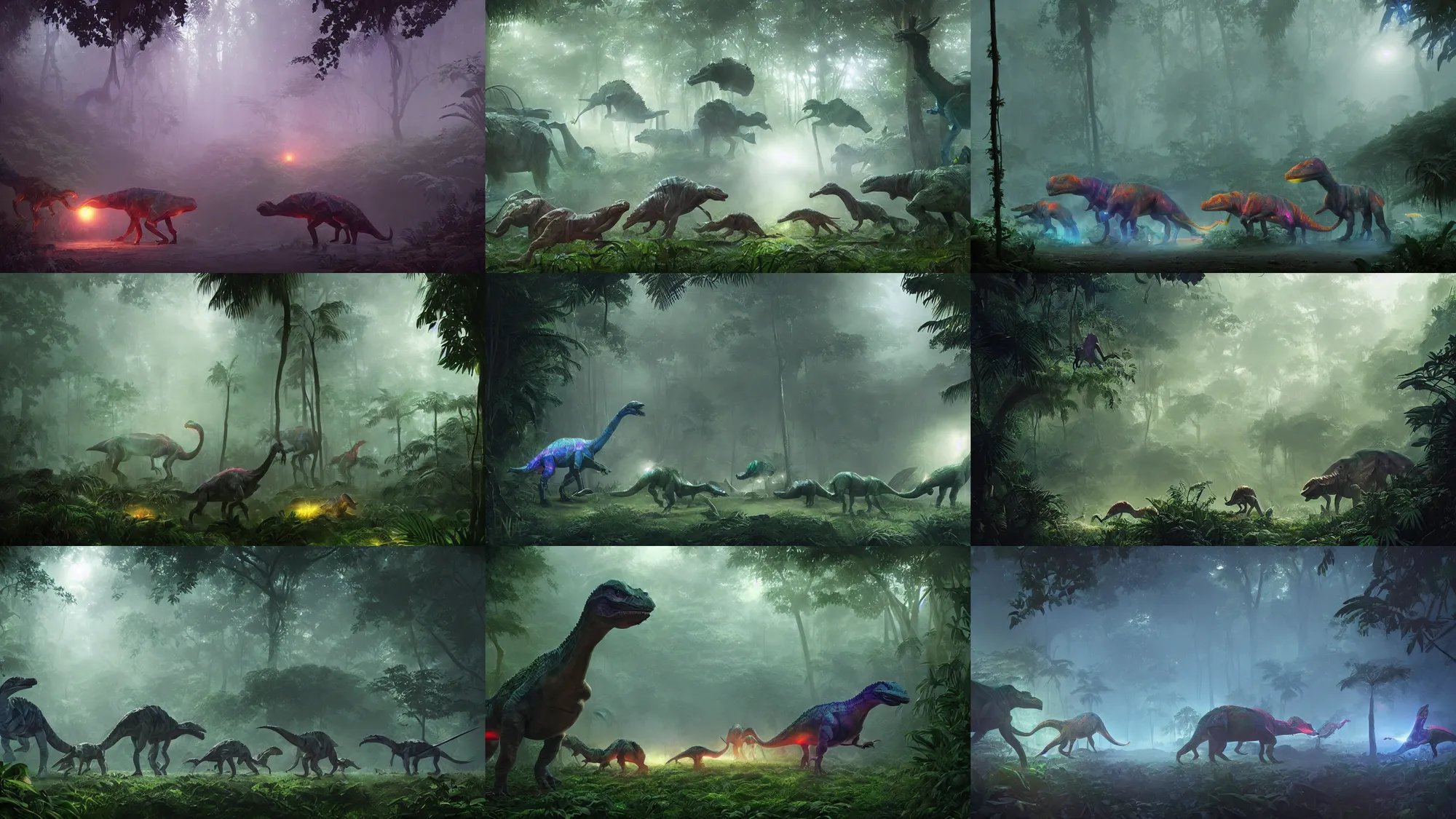 Prompt: holographic low - poly glowing dinosaurs in a foggy jungle, by greg rutkowski