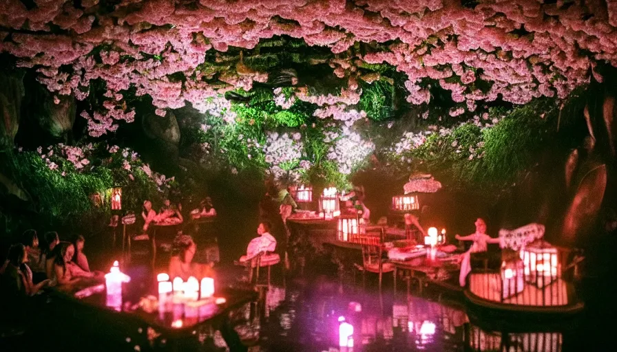 Prompt: 35mm film still of a very surreal magical European castle cafe in a lush waterfall garden, falling cherry blossoms pedals, in the style of Gucci and Wes Anderson, photographed by Petra Collins, glowing lights and floating lanterns, foggy atmosphere, rainy, moody, muted colors, magic details, very detailed, 8k, cinematic look