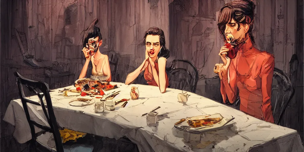 Image similar to cartoonish eva green eating dinner, vivid colors, character sheet, fine details, concept design, contrast, kim jung gi, greg rutkowski, enki bilal, trending on artstation, 8 k, full body, turnaround, front view, back view, ultra wide angle