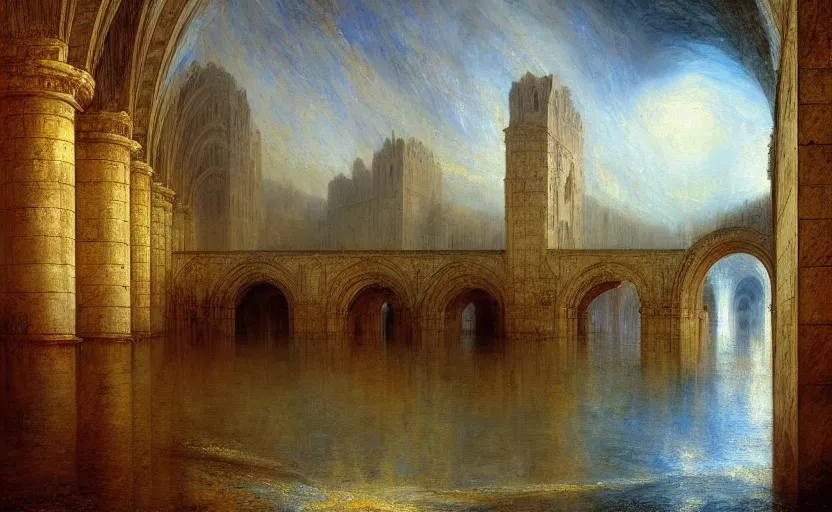 Image similar to tiled room squared waterway, aqueducts, fantasy. intricate. by artstation trending, by joseph mallord william turner, luis royo, konstantin razumov, cinematic lighting, fractal flame, highly detailed