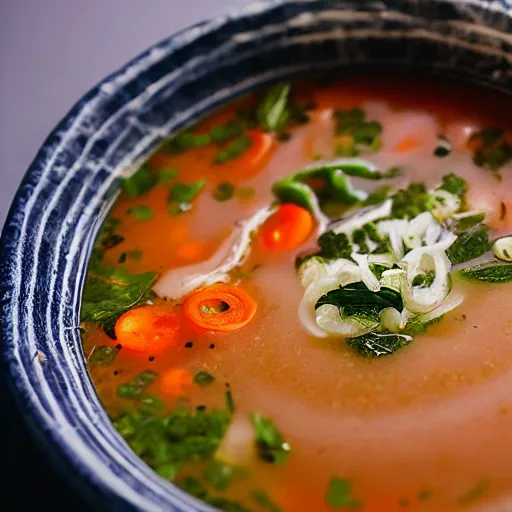Prompt: photograph of a bowl of soup made from fabric, photo-realistic, depth of field