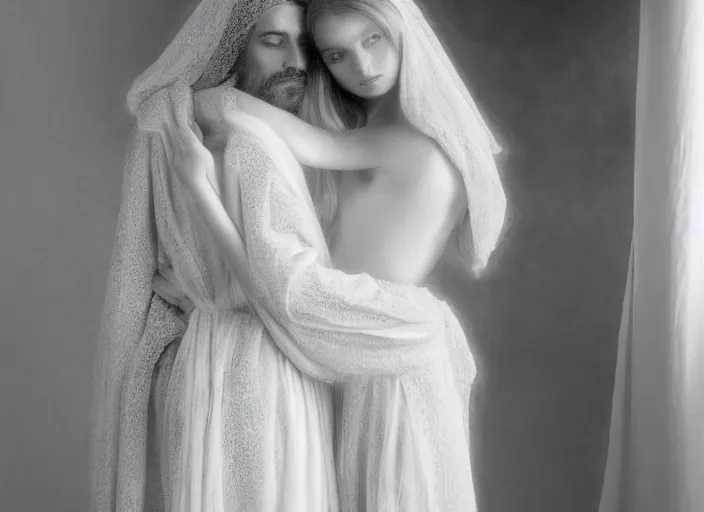 Image similar to jesus hugging a woman, spirit hugs, in style of paolo roversi, britt marling style 3 / 4, a beautiful ethereal lace white robe, 8 k, soft focus, soft light, volumetric lighting, highly detailed realistic, refined, highly detailed, natural outdoor soft pastel lighting colors scheme