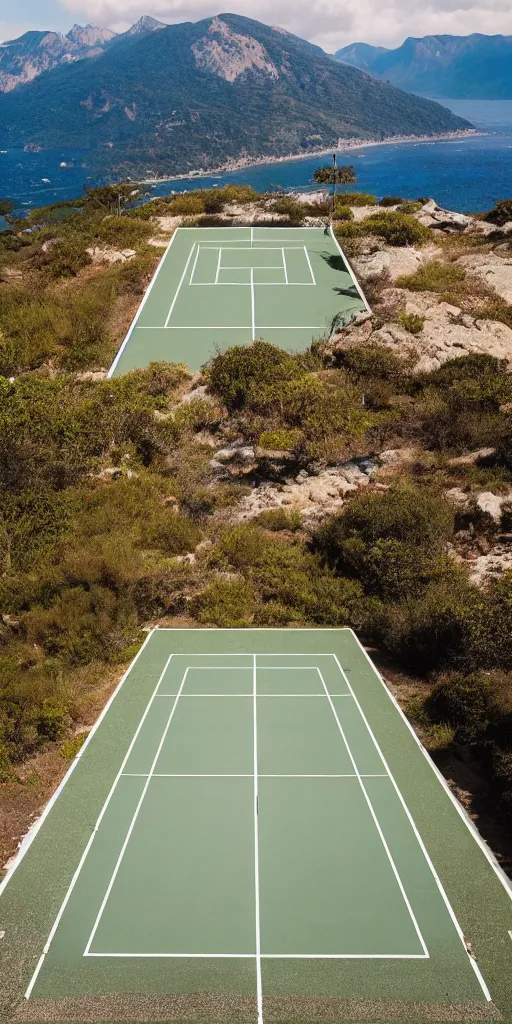 Image similar to Tennis court between mountains and sea. the style of National Geographic magazine