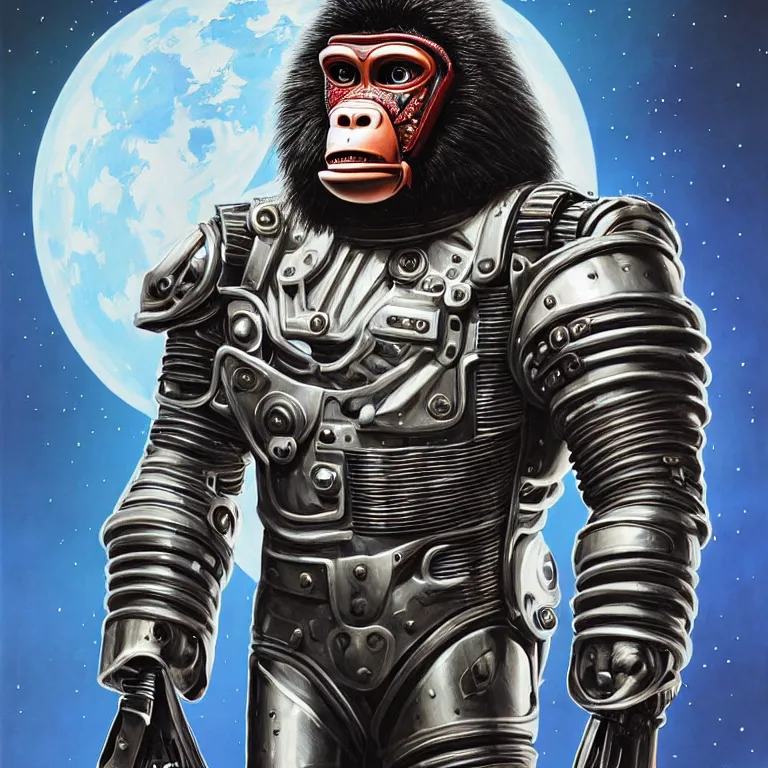 Image similar to a portrait of a muscular anthropomorphic cyberpunk baboon in spacesuit armor with ensignia on chest plate by sandra chevrier, by jon foster, detailed render, pistol in holster, extremely hyperdetailed, tape deck, epic composition, cybernetics, 4 k realistic, cryengine, realistic shaded lighting, sharp focus, masterpiece, by enki bilal