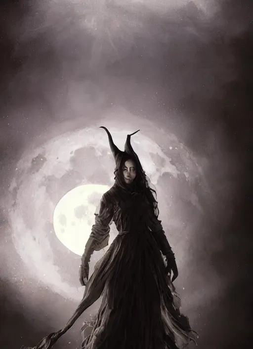 Prompt: portrait, A witch in front of the full big moon, dramatic lighting, cinematic, establishing shot, extremly high detail, foto realistic, cinematic lighting, by Yoshitaka Amano, Ruan Jia, Kentaro Miura, Artgerm, post processed, concept art, artstation, matte painting, style by eddie mendoza, raphael lacoste, alex ross