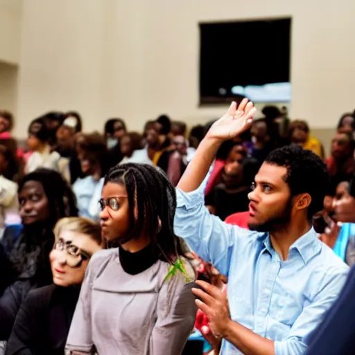 Prompt: A neo-sapien holding a lecture at a highly respected university, people standing in admiration clapping