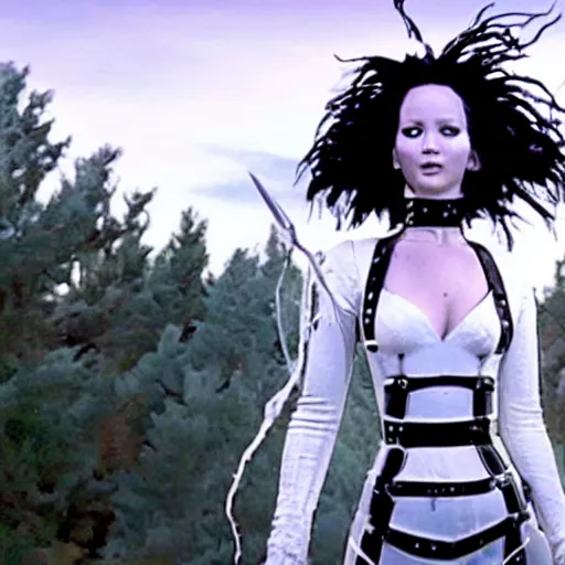 Prompt: still of Jennifer Lawrence as Erica Scissorhands in Edward Scissorhands remake 2029