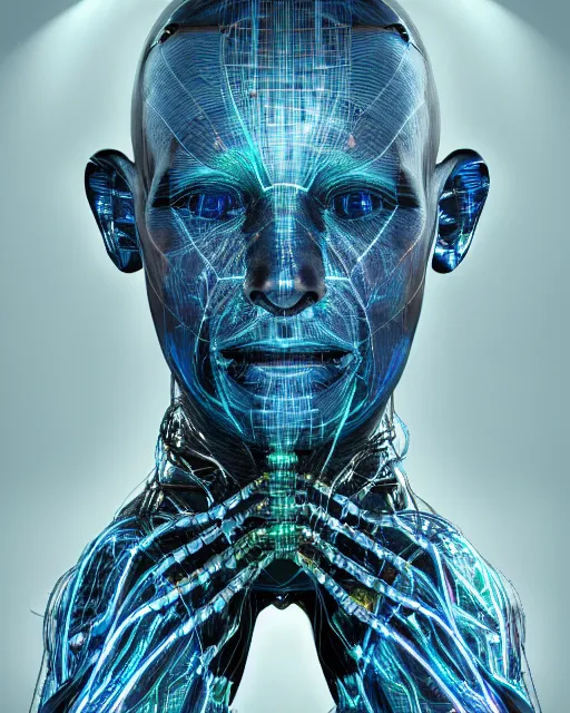Prompt: a hyperrealistic human cyborg with limbs stretched out, tied with electrical cables connected to an infinite supercomputer, flood of color and images flowing from his head, tesseract, vitruvian man, 3 d render, octane, trending on artstation, concept art, insane details