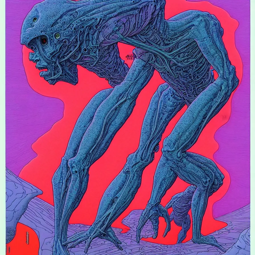 Image similar to ( ( ( ( a humanoid creature from another planet. ) ) ) ) by mœbius!!!!!!!!!!!!!!!!!!!!!!!!!!!, overdetailed art, colorful, artistic record jacket design