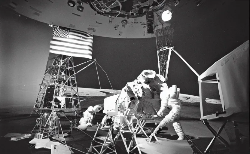 Image similar to Behind the scenes photos of the faked Apollo 11 Lunar landing on a Hollywood sound stage directed byStanley Kubrick. Leica IIIc, 70mm. Black and white