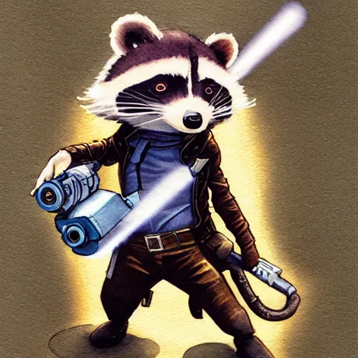 Prompt: racoon holding a laser gun, guardians of the galaxy style, centered award winning watercolor pen illustration, by range murata