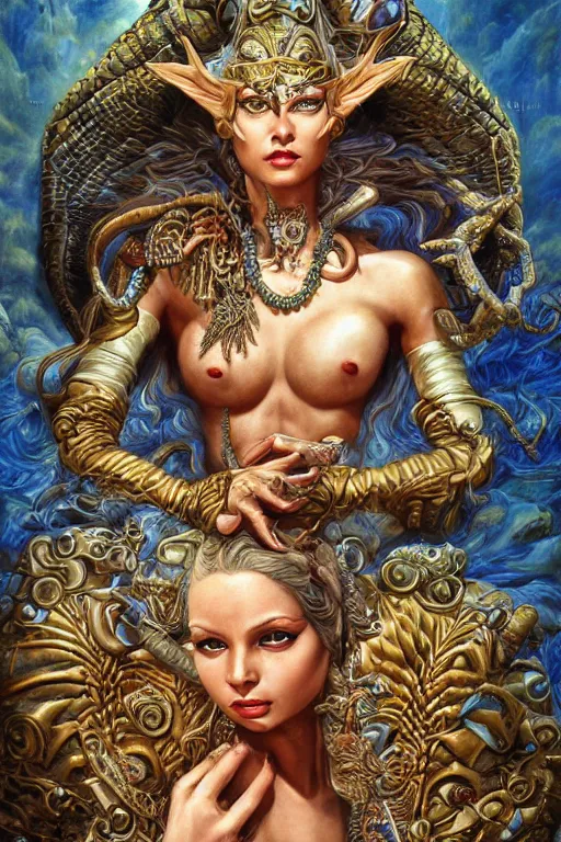 Image similar to Mystical Valkyrie, Portrait of a beautiful female Atlantean Reptilian Warrior, Realistic, Regal, Refined, Detailed Digital Art, Michael Cheval, Walt Disney (1937), François Boucher, Oil Painting, Steampunk, Josephine wall, Highly Detailed, Cinematic Lighting, Unreal Engine, 8k, HD