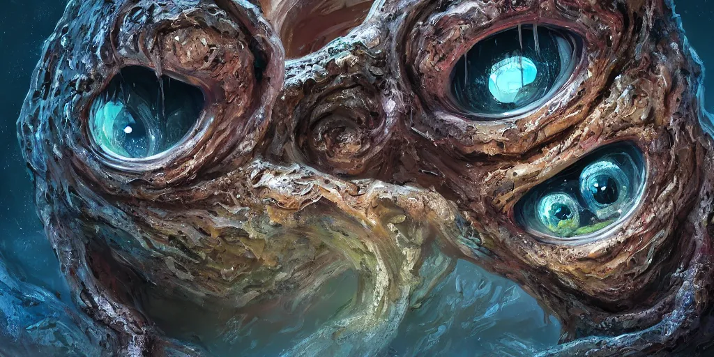 Image similar to of an intricate muddy water with strange cute friendly happy creatures with huge eyes, long tongue, round teeth and goofy funny face, appearing from the background, in the style of gehry and gaudi, macro lens, shallow depth of field, ultra detailed, digital painting, trending artstation, concept art, illustration, cinematic lighting, photorealism, epic, octane render