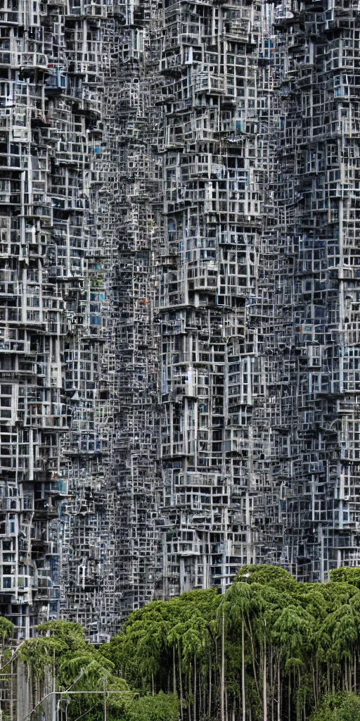 Prompt: a high contrast elevational photo by Andreas Gursky of tall futuristic mixed-use unstable jenga towers emerging out of the ground. The rusty post-industrial towers are made of metal scaffolding and brightly colored mesh tarps. The eroded towers are covered with trees and ferns growing from scaffolding, floors, and balconies. The towers are bundled very close together and stand straight and tall. The towers have 100 floors with deep balconies and hanging plants. Cinematic composition, volumetric lighting, foggy morning light, architectural photography, 8k, megascans, vray.