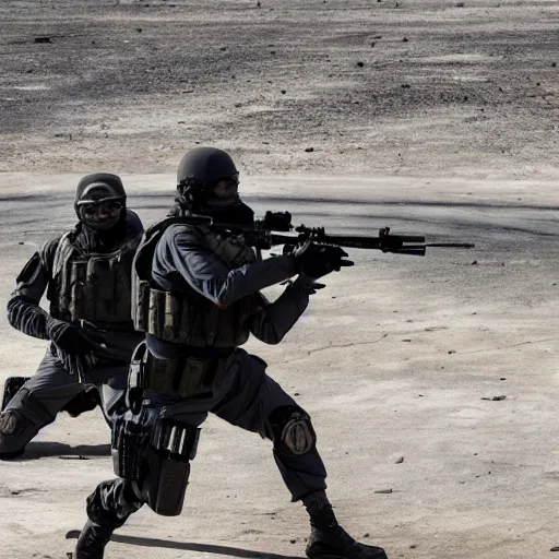 Image similar to Special Forces in grey uniform with black body armor under artillery fire in 2022, photo by Adam Ferguson, Pulitzer Winning, cinematic composition, breathtaking, modern, 2022