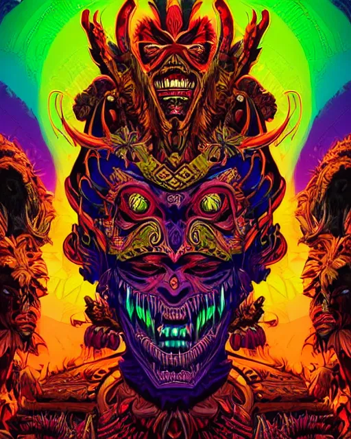 Image similar to barong family member, wiwek, mara demon, one single tribe member, jungle, one single mask, dark, ancient warrior, rich deep vivid colors, neon colors, inner glow, art by dan mumford and justin gerard