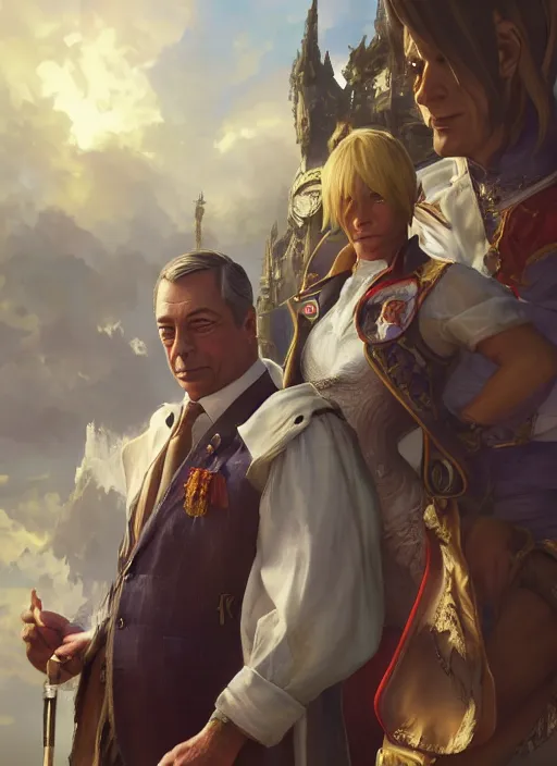 Prompt: a Photorealistic dramatic hyperrealistic, Nigel Farage and Thancred Waters in FF14 by WLOP, Artgerm, Greg Rutkowski, Alphonse Mucha, Beautiful dynamic, shadows, Artstation, concept design art,Octane render,8K