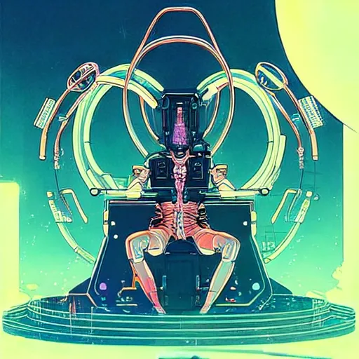 Image similar to a portrait of a beautiful cybernetic occultist performing summoning rituals to bring technological singularity, cyberpunk concept art by josan gonzales and jean claude meziere and syd mead and moebius