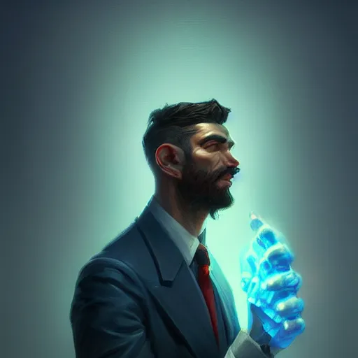 Image similar to an insanely detailed portrait of a handsome man head in his hands, depressing corporate office background, blue shade in the style of peter mohrbacher, artgerm, dramatic lighting and composition, octane render, trending on artstation, concept art
