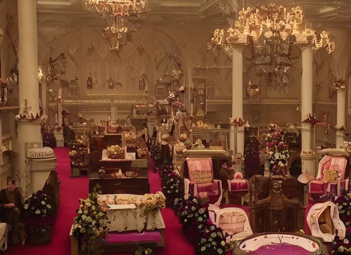 Image similar to a film still of a funeral in the grand budapest hotel ( 2 0 1 4 )