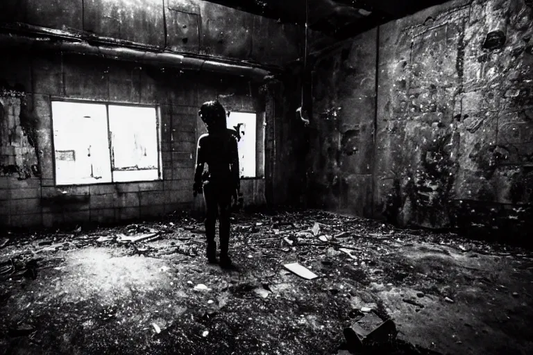 Prompt: a goth in leather, watching a black hole forming in the grimy grungy basement of an abandoned apartment block, grainy black and white photography