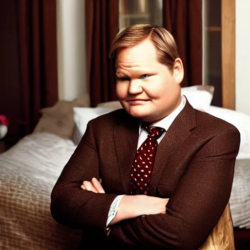 Image similar to Andy Richter is wearing a chocolate brown suit and necktie and is in a bedroom with a window letting in bright morning sunlight. Andy is sitting upright in a bed and is stretching his arm. His mouth his wide open as he yawns.