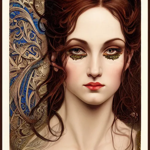 Prompt: frontal portrait of a woman with two pairs of eyes, intricate, elegant, highly detailed, ornate, elegant , luxury in the style of Gerald Brom and art nouveau